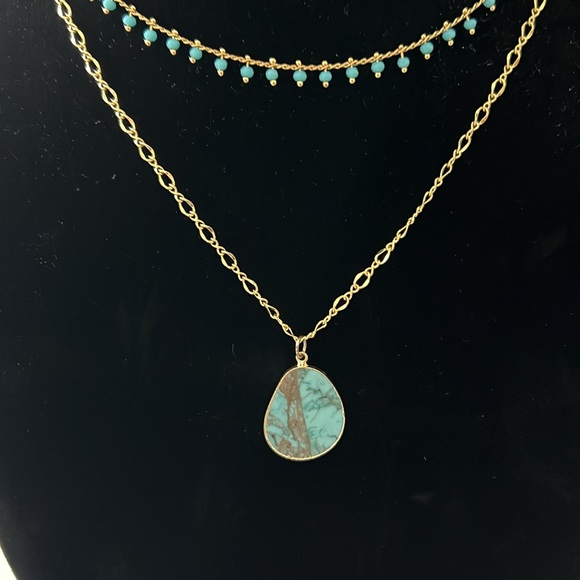 Turquoise and gold Double strand necklace - Picture 3 of 8
